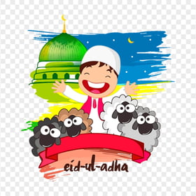 Happy Muslim Child With Sheeps Cartoon Eid Al Adha