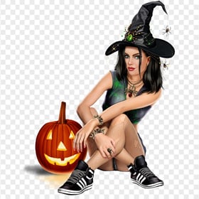HD Beautiful Cartoon Girl Wear Witch Costume Sitting With Pumpkin PNG