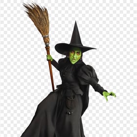HD Scary Green Witch Face Wear Black Clothes Hat Hold Broom PNG