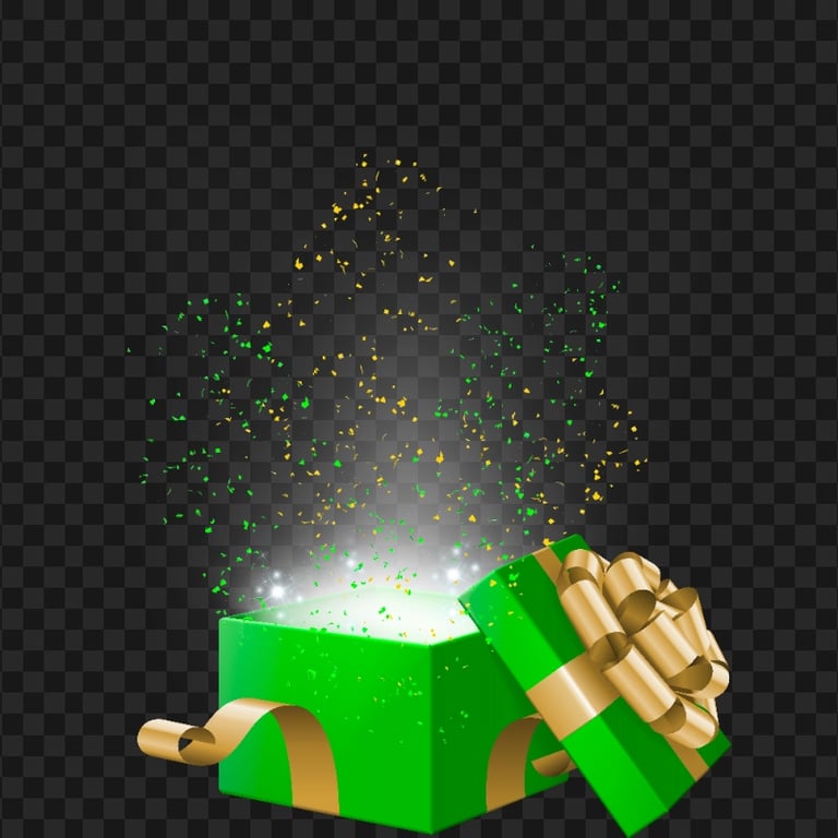 Green Open Gift Magic Effect And Confetti HD PNG