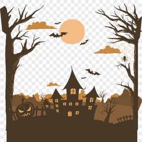 Silhouette Castle Trees Pumpkins Halloween HD PNG