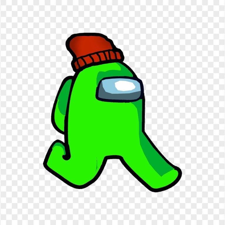 HD Green Lime Among Us Character Walking With Red Beanie Hat PNG