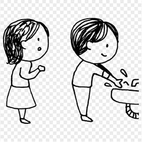 Two Children Washing Their Hands Outline Drawing