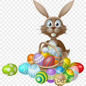 HD Cartoon Rabbit with Easter Eggs in Basket Transparent PNG