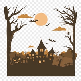 HD Halloween Castle Trees Bats & Pumpkins Silhouettes PNG