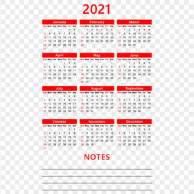 HD 2021 Calendar With Notes Section Black & Red Text Clipart PNG