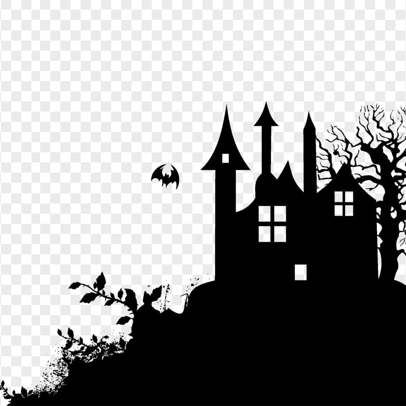 HD Halloween Castle Silhouette With Tree And Flying Bat PNG | Citypng