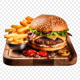 HD PNG Tasty Grilled Hamburger with Chips on a Plate