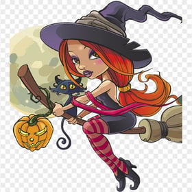 HD Cartoon Halloween Witch Flying On A Broom With Black Cat PNG