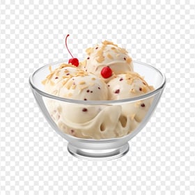 Bowl of Vanilla Scoops Ice Cream and Red Cherry HD PNG