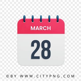 28th March Date Red & White Calendar Icon HD PNG