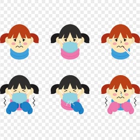 Clipart Set Sick Girls Cough Flu Fever Mask Cold