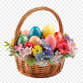 HD Colorful Easter Eggs with Flowers on Wicker Basket PNG