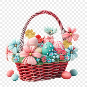 HD Colorful Vector Easter Eggs Basket and Flowers PNG