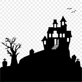 HD Halloween Horror House Tombstones Tree Silhouettes PNG