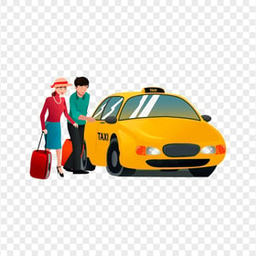 Cartoon Couple Getting Into Taxi Cab PNG