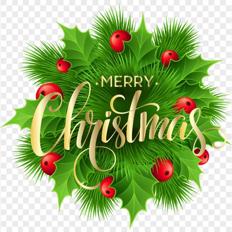 HD Merry Christmas Text With Leaves Decoration Logo PNG