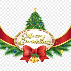 HD Merry Christmas Text With Tree & Ribbon Logo PNG