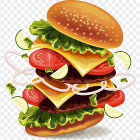 HD Cartoon Open Double Cheeseburger Floating Flying PNG Image