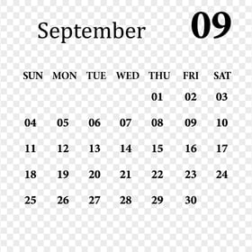 September 2022 Black Calendar HD PNG