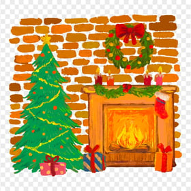 Painting Cartoon Christmas Fireplace Scene PNG Image