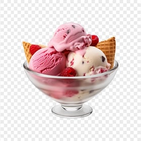 HD PNG Bowl of Strawberry Vanilla Ice Cream Scoops