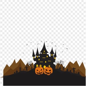 HD Flat Halloween Cartoon Castle Trees Crows & Pumpkins PNG