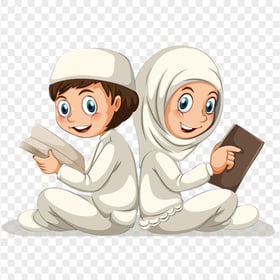 Muslim Boy And Girl With Hijab Read Quran Cartoon