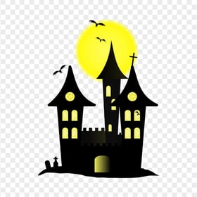 HD Black Clipart Halloween Castle Silhouette With Yellow Moon PNG