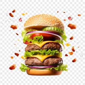 HD The Ultimate Double Beef Burger with Flying Toppings PNG