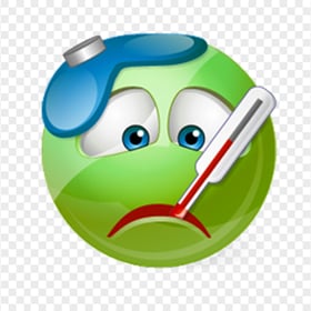 Green Emoticon Has Fever With Thermometer In Mouth