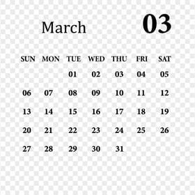March Mar 2022 Black Calendar PNG