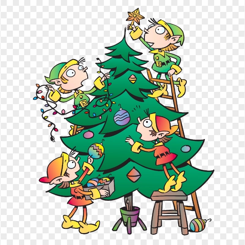 Cartoon Clipart Elves Decorating Christmas Tree PNG Citypng