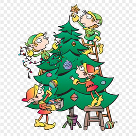 Cartoon Clipart Elves Decorating Christmas Tree PNG