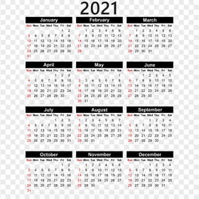 HD 2021 Calendar Black And Red Text Clipart PNG