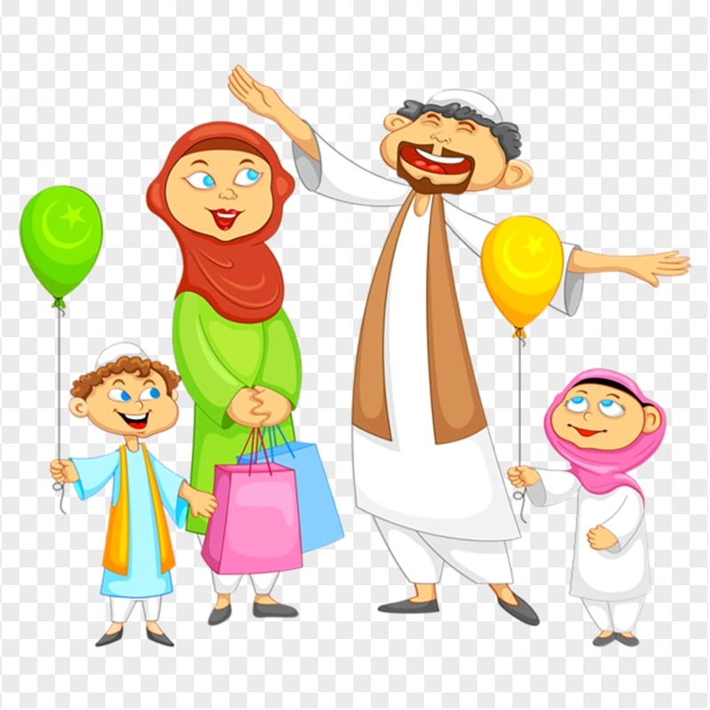 Happy Cartoon Muslim Family Eid Mubarak Characters