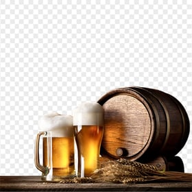 HD Two Beer Glasses With Wooden Barrel PNG