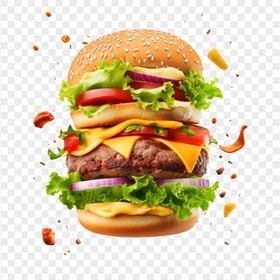 HD Double Hamburger with Flying Ingredients Transparent PNG