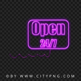 HD Open 24/7 Purple Neon Logo Sign Transparent PNG