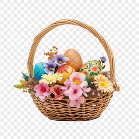 HD Basket Full Of Colorful Easter Eggs and Flowers PNG