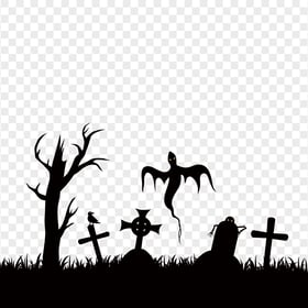 HD Cemetery Ghosts & Tree Halloween Black Silhouette PNG