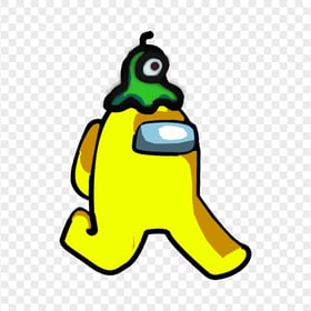 HD Yellow Among Us Character Walking With Brain Slug Hat PNG