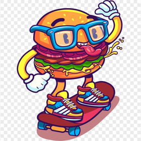 HD Hamburger Cartoon Character On Skateboard PNG