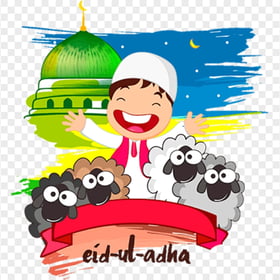 Happy Muslim Child With Sheeps Cartoon Eid Al Adha