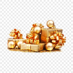 HD Gold Gift Boxes With Ornament Balls PNG