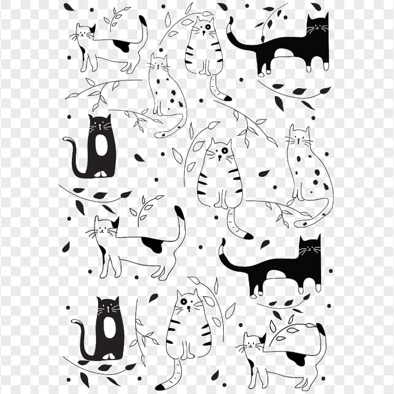 Seamless Black and White Cats Pattern HD Transparent PNG