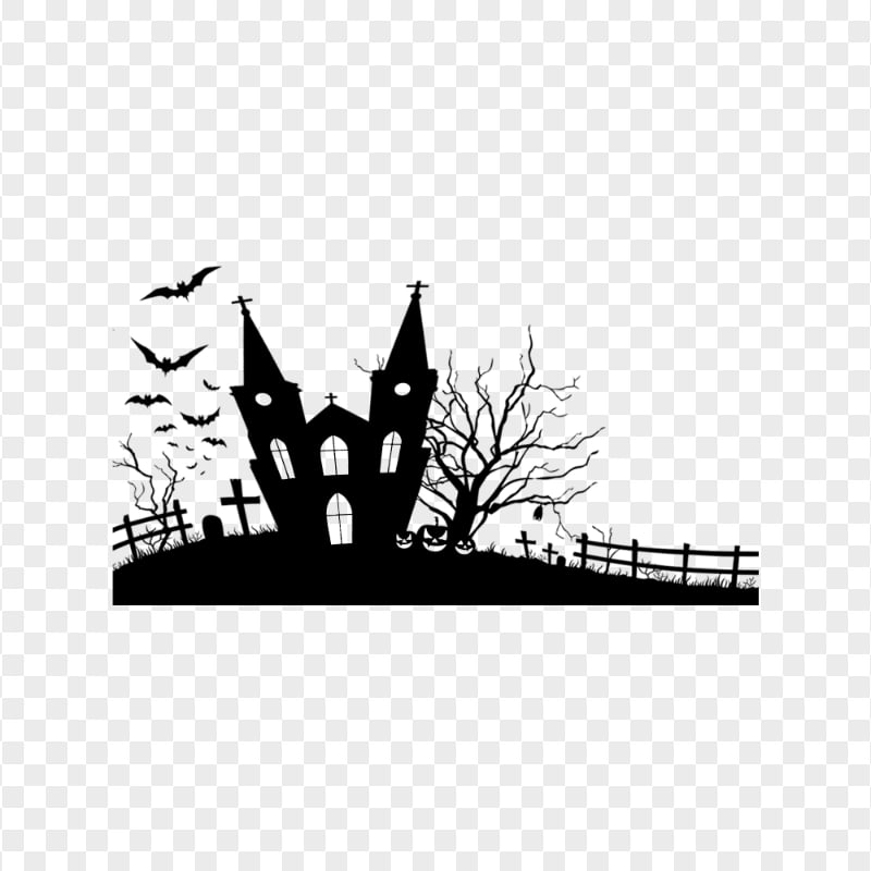 HD Black Halloween Castle And Characters Silhouettes PNG