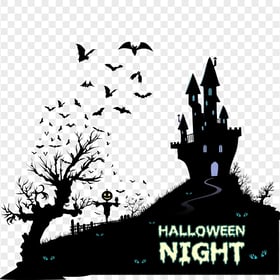 HD Halloween Night Castle, Tree & Birds Silhouettes PNG