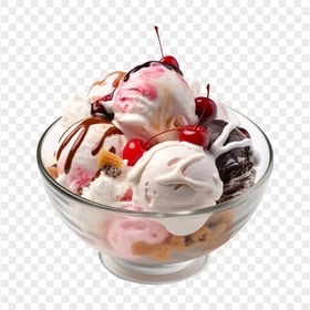 HD Sundae Cream Dessert Bowl Cherry Toppings Transparent PNG