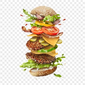 HD Floating Flying Ingredients Of Double Cheeseburger PNG Image